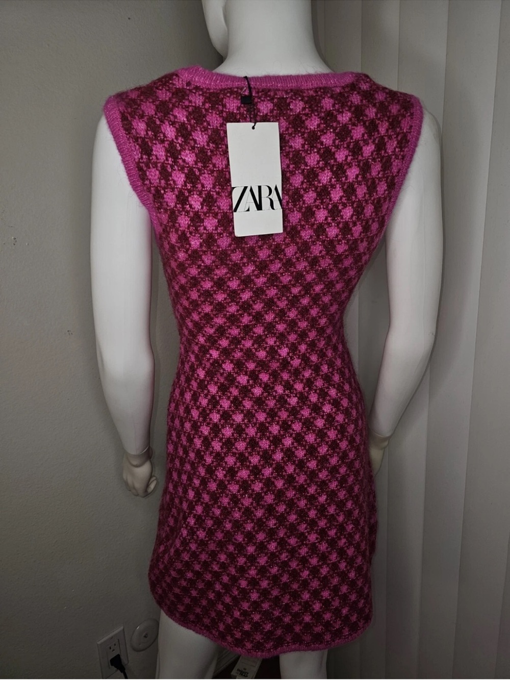 ZARA Hot Pink Plaid Knit Mini Dress - Picture 3 of 6